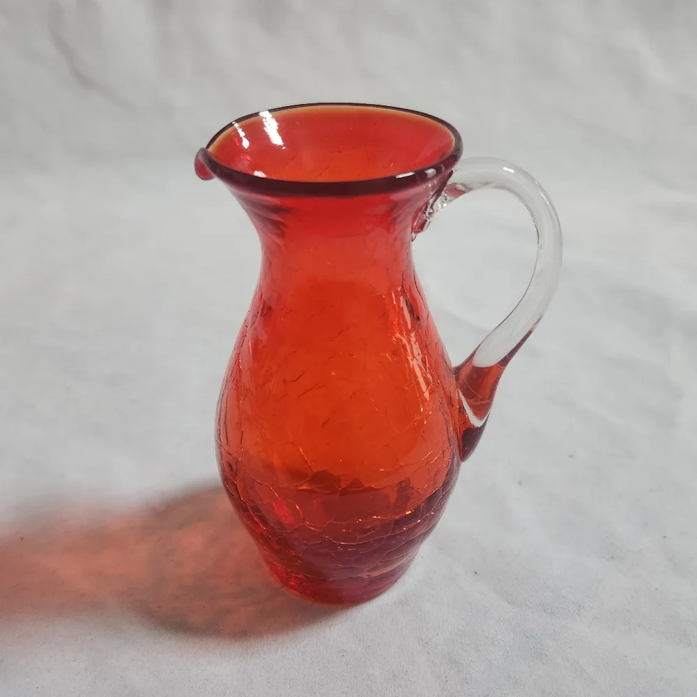 Vintage Red Orange Crackle Blown Art Glass Creamer